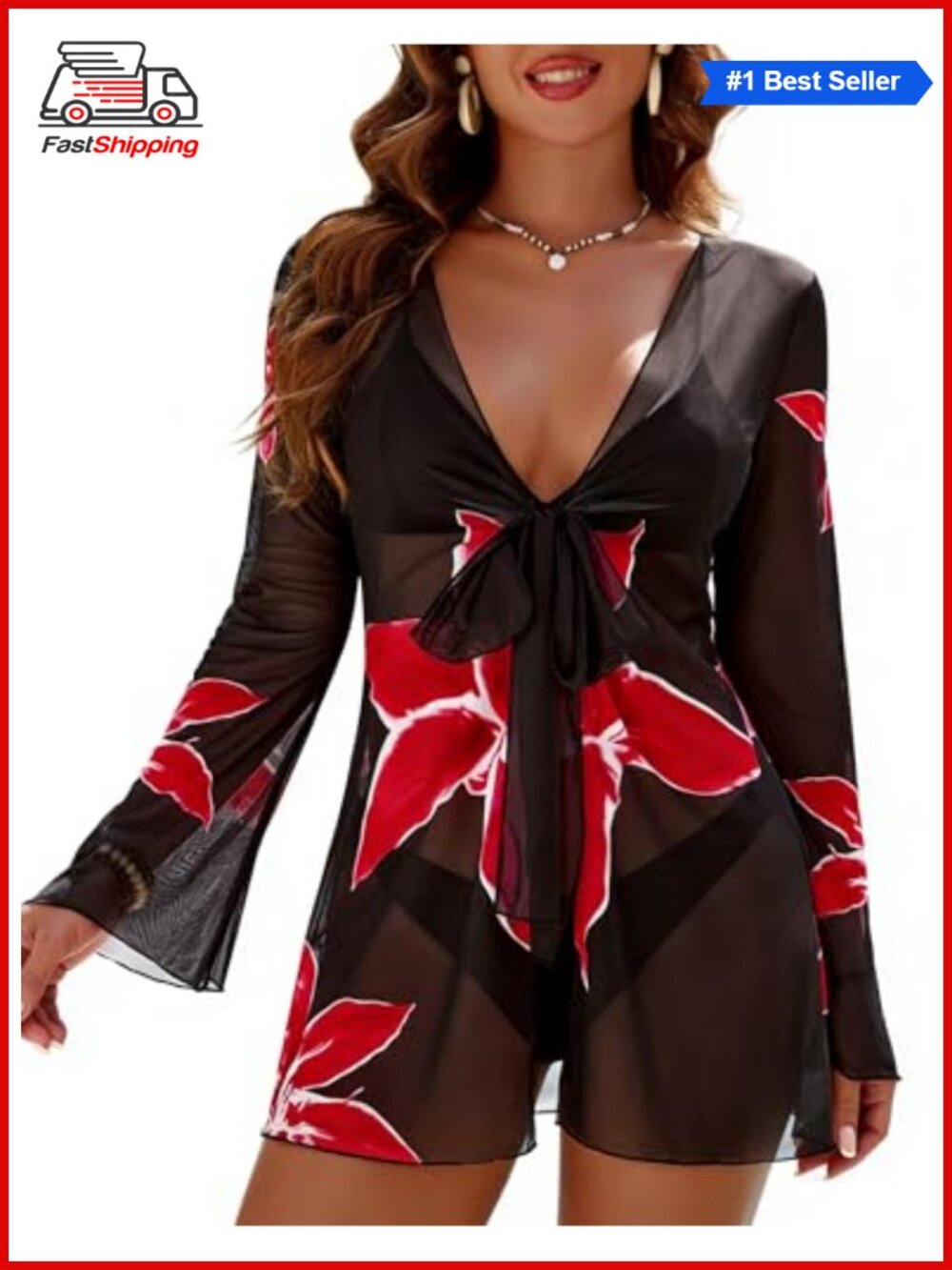 ✨Blooming Jelly Sheer Mesh Floral Kimono Swim Cover Up Bell Sleeve Beach